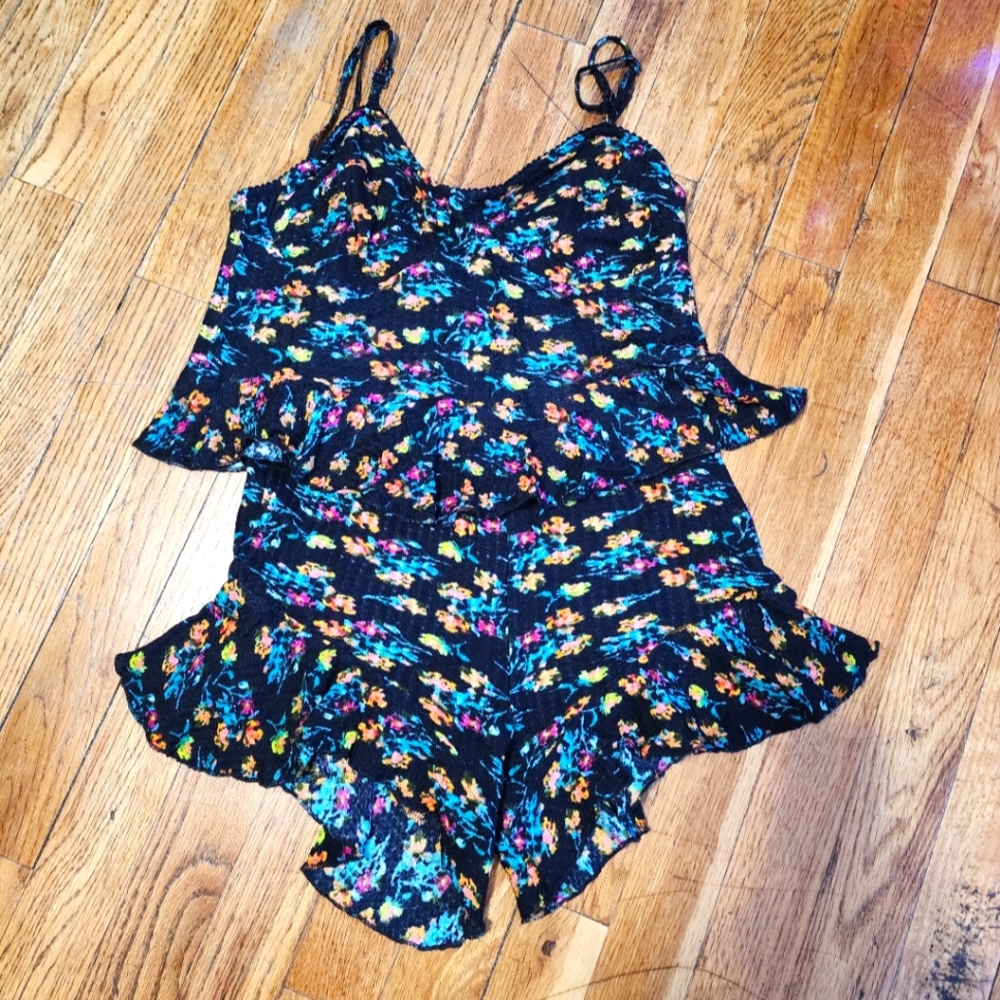 Free People FP One 2 piece Floral Thermal Cami and Ruffle Shorts Set